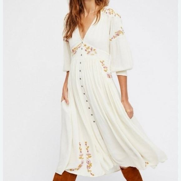 Free People Dresses & Skirts - Free People Day Glow Ivory Embroidered Floral Midi Dress